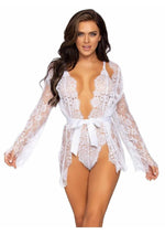 Load image into Gallery viewer, Leg Avenue Floral Lace Teddy with Adjustable Straps and Cheeky Thong Back Matching Lace Robe with Scalloped Trim and Satin Tie - White - Small
