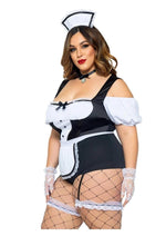 Load image into Gallery viewer, Leg Avenue Foxy Frenchie Garter Bodysuit with Attached Apron, Choker, and Hat Headband - Black/White - Queen/XLarge/XXLarge - 3 Piece
