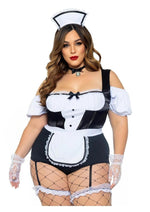 Load image into Gallery viewer, Leg Avenue Foxy Frenchie Garter Bodysuit with Attached Apron, Choker, and Hat Headband - Black/White - Queen/XLarge/XXLarge - 3 Piece
