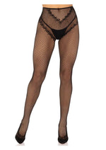 Load image into Gallery viewer, Leg Avenue French Cut Crotchless Fishnet Tights with Heart Backseam and Faux Lace Up Back