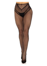 Load image into Gallery viewer, Leg Avenue French Cut Crotchless Fishnet Tights with Heart Backseam and Faux Lace Up Back - Black - One Size
