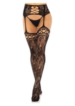 Load image into Gallery viewer, Leg Avenue French Rose Lace Backseam Stockings with Attached Garter Belt
