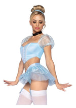 Load image into Gallery viewer, Leg Avenue Glass Slipper Cinderella Boned Sweetheart Crop Top with Organza Sleeves, Garter Panty with Shimmer Sheer Skirt, Ribbon Choker, and Matching Hair Band - Blue - Small - 4 Piece
