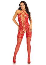 Load image into Gallery viewer, Leg Avenue Heart Net Halter Bodystocking with Faux Lace Up Front and Leg Garter Detail
