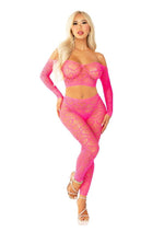 Load image into Gallery viewer, Leg Avenue Heart Net Off The Shoulder Crop Top and Footless Tights - Pink - One Size - 2 Piece