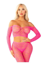 Load image into Gallery viewer, Leg Avenue Heart Net Off The Shoulder Crop Top and Footless Tights