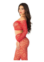 Load image into Gallery viewer, Leg Avenue Heart Net Off The Shoulder Crop Top and Footless Tights - Red - One Size - 2 Piece