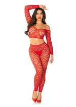 Load image into Gallery viewer, Leg Avenue Heart Net Off The Shoulder Crop Top and Footless Tights - Red - One Size - 2 Piece