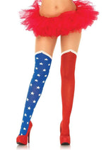 Load image into Gallery viewer, Leg Avenue Hero Opaque Tights with Sheer Thigh - Blue/Red - One Size
