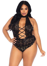 Load image into Gallery viewer, Leg Avenue High Neck Floral Lace Backless Teddy with Lace Up Accents and Crotchless Thong Panty - Black - Queen/XLarge/XXLarge
