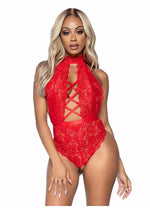 Load image into Gallery viewer, Leg Avenue High Neck Floral Lace Backless Teddy with Lace Up Accents and Crotchless Thong Panty - Red - Large
