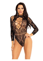 Load image into Gallery viewer, Leg Avenue High Neck Lace and Net Keyhole Back Bodysuit - Black - One Size