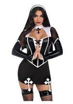 Load image into Gallery viewer, Leg Avenue Holy Hottie Set Boned Garter Dress with Cross Accents and Nun Habit - Black/White - Medium - 2 Piece