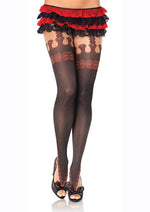 Load image into Gallery viewer, Leg Avenue Marquee Print Spandex Sheer Pantyhose with Faux Garterbelt Detail - Black/Red - One Size
