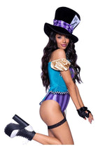 Load image into Gallery viewer, Leg Avenue Mischievous Mad Hatter Garter Bodysuit with Strappy Deep-V and Puff Sleeves, Bow Collar, and Mad Hatter Hat - Multicolor - Small - 3 Piece
