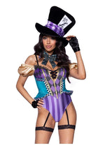 Load image into Gallery viewer, Leg Avenue Mischievous Mad Hatter Garter Bodysuit with Strappy Deep-V and Puff Sleeves, Bow Collar, and Mad Hatter Hat - Multicolor - Small - 3 Piece
