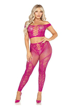 Load image into Gallery viewer, Leg Avenue Net and Lace Off-The-Shoulder Crop Top and Footless Tights