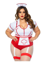 Load image into Gallery viewer, Leg Avenue Nurse Feelgood Snap Crotch Garter Bodysuit with Attached Apron and Hat Headband - Red/White - Queen/XLarge/XXLarge - 2 Piece
