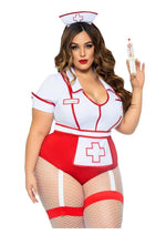 Load image into Gallery viewer, Leg Avenue Nurse Feelgood Snap Crotch Garter Bodysuit with Attached Apron and Hat Headband - Red/White - Queen/XLarge/XXLarge - 2 Piece
