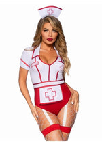 Load image into Gallery viewer, Leg Avenue Nurse Feelgood Snap Crotch Garter Bodysuit with Attached Apron and Hat Headband - Red/White - Large - 2 Piece
