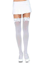 Load image into Gallery viewer, Leg Avenue Nylon Thigh High with Bow - White - Plus Size/Queen
