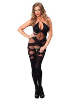 Load image into Gallery viewer, Leg Avenue Opaque and Sheer Illusion Keyhole Halter Bodystocking - Black - One Size
