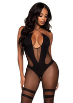 Load image into Gallery viewer, Leg Avenue Opaque and Sheer Keyhole Twist Halter Bodystocking - Black - One Size
