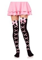 Load image into Gallery viewer, Leg Avenue Opaque Cross Bone Thigh Highs with Satin Bow Accent