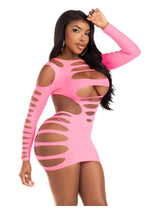 Load image into Gallery viewer, Leg Avenue Opaque Shredded Cut-Out Mini Dress - Neon Pink - One Size
