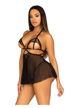 Load image into Gallery viewer, Leg Avenue Open Cup Eyelash Lace and Mesh Babydoll with Heart Ring Accent and Matching Panty - Black - Large
