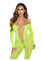 Load image into Gallery viewer, Leg Avenue Python Net Crotchless Footless Lingerie Jumpsuit with Faux Lace Up Detail - Neon Green - One Size