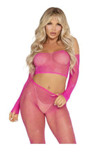Load image into Gallery viewer, Leg Avenue Rhinestone Fishnet Crop Top and Footless Tights - Neon Pink - One Size