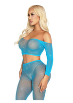 Load image into Gallery viewer, Leg Avenue Rhinestone Fishnet Crop Top and Footless Tights - Neon Blue - One Size