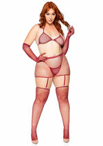 Load image into Gallery viewer, Leg Avenue Rhinestone Fishnet Garter Skirt Set with Bikini Top, G-String, Gloves and Matching Stockings - Burgundy/Red - Queen/XLarge/XXLarge - 5 Piece
