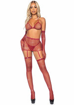 Load image into Gallery viewer, Leg Avenue Rhinestone Fishnet Garter Skirt Set with Bikini Top, G-String, Gloves and Matching Stockings - Burgundy/Red - One Size - 5 Piece
