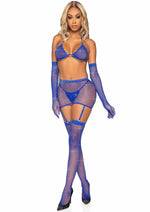 Load image into Gallery viewer, Leg Avenue Rhinestone Fishnet Garter Skirt Set with Bikini Top, G-String, Gloves and Matching Stockings - Blue - One Size - 5 Piece
