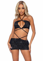 Load image into Gallery viewer, Leg Avenue Rhinestone Keyhole Bandeau Top and Low Rise Skirt with Waist Strap Detail - Black - Small - 2 Pieces
