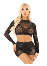 Load image into Gallery viewer, Leg Avenue Rhinestone Lace and Net Crop Top with Heart Keyhole Detail and Mini Skirt - Black - One Size - 2 Piece