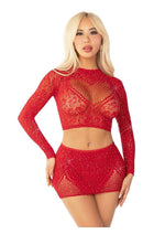 Load image into Gallery viewer, Leg Avenue Rhinestone Lace and Net Crop Top with Heart Keyhole Detail and Mini Skirt - Red - One Size - 2 Piece