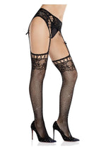 Load image into Gallery viewer, Leg Avenue Rhinestone Lace Top Fishnet Stockings with Attached Garter Belt - Black - One Size