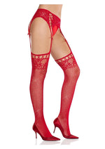 Load image into Gallery viewer, Leg Avenue Rhinestone Lace Top Fishnet Stockings with Attached Garter Belt - Red - One Size