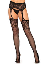 Load image into Gallery viewer, Leg Avenue Rhinestone Lace Top Fishnet Stockings with Lace Foot and Attached Garter Belt - Black - One Size
