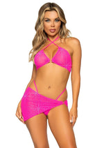 Load image into Gallery viewer, Leg Avenue Rhinestone Mesh Bra Top with Ring Accent, G-String Panty and Matching Sarong - Neon Pink/Pink - Small - 3 Pieces
