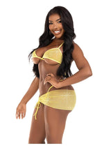 Load image into Gallery viewer, Leg Avenue Rhinestone Mesh Wrap Around Bra Top, G-String Panty, and Ruched Tie Sarong (3 Piece) - Medium/Large - Baby - Yellow
