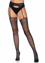 Load image into Gallery viewer, Leg Avenue Rhinestone Micro Net Garter Belt and Stockings - Black - One Size - 2 Pieces/Set
