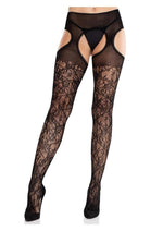 Load image into Gallery viewer, Leg Avenue Scalloped Trimmed Cross Hatch Floral Lace Suspender Hose - Black - One Size