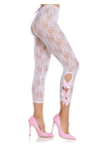 Load image into Gallery viewer, Leg Avenue Scalloped Trimmed Floral Lace Footless Capri Tights with Keyhole Bow Detail - White - One Size