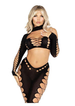 Load image into Gallery viewer, Leg Avenue Seamless Asymmetrical Cut Out Crop Top and Footless Tights - One Size