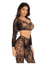 Load image into Gallery viewer, Leg Avenue Seamless Chantilly Lace Crop Top and Footless Tights - Black - One Size - 2 Piece