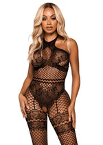 Load image into Gallery viewer, Leg Avenue Seamless Industrial Net Halter Bodystocking with Faux Lace Lingerie Detail - Black - One Size
